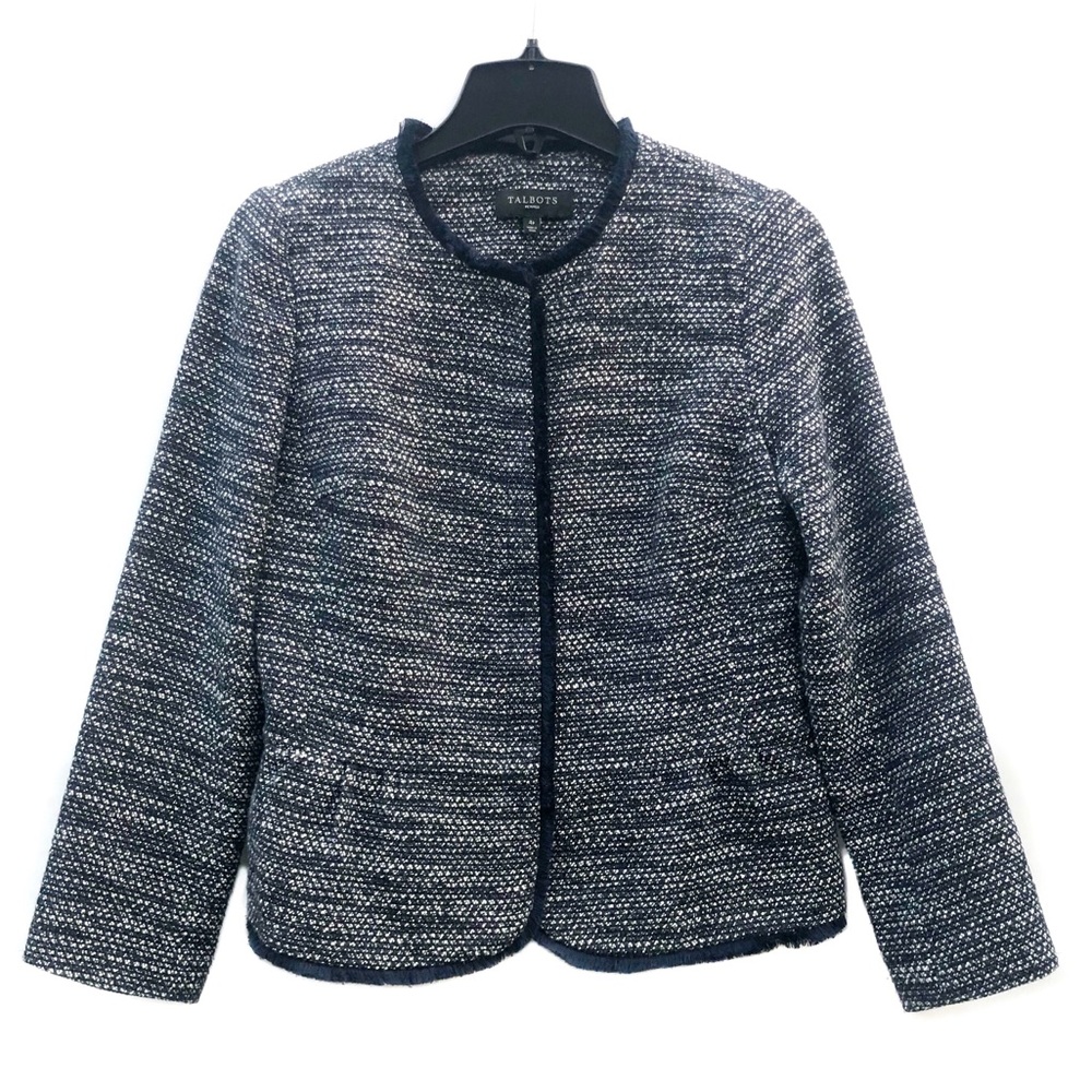 Talbots Tweed Full Zip Collarless Long Sleeve Classy Suit Blazer Jacket EUC 4P